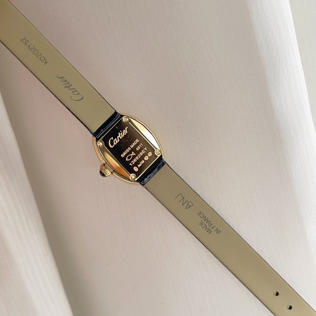 BAIGNOIRE WATCH GOLD OVAL CASE 18MM WHITE DIAL WITH BLACK STRAP