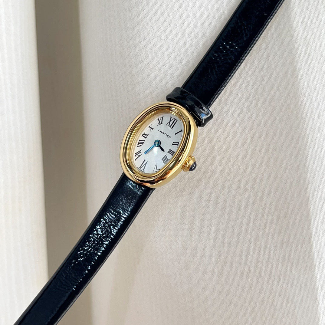 BAIGNOIRE WATCH GOLD OVAL CASE 18MM WHITE DIAL WITH BLACK STRAP