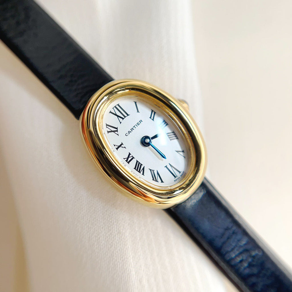 BAIGNOIRE WATCH GOLD OVAL CASE 18MM WHITE DIAL WITH BLACK STRAP
