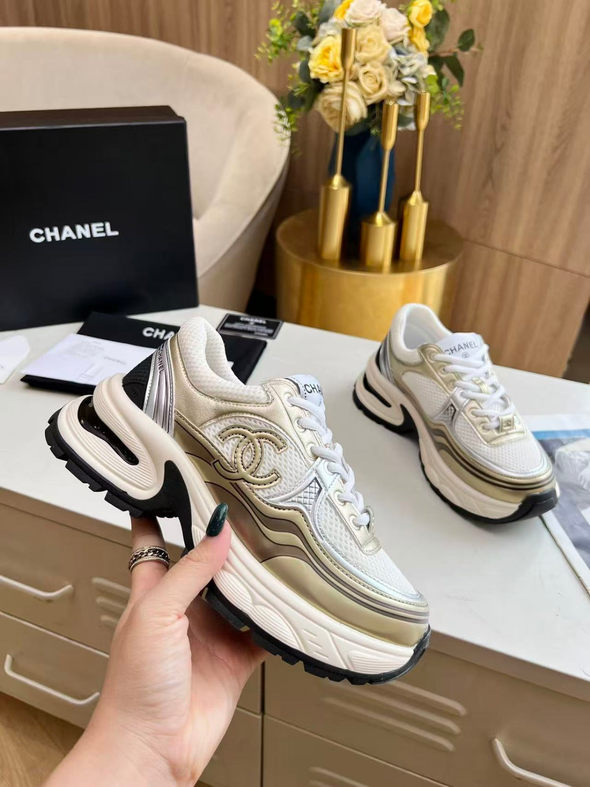 CHANEL RUNNER SNEAKERS IN GOLD LAMINATE COLORWAY MESH