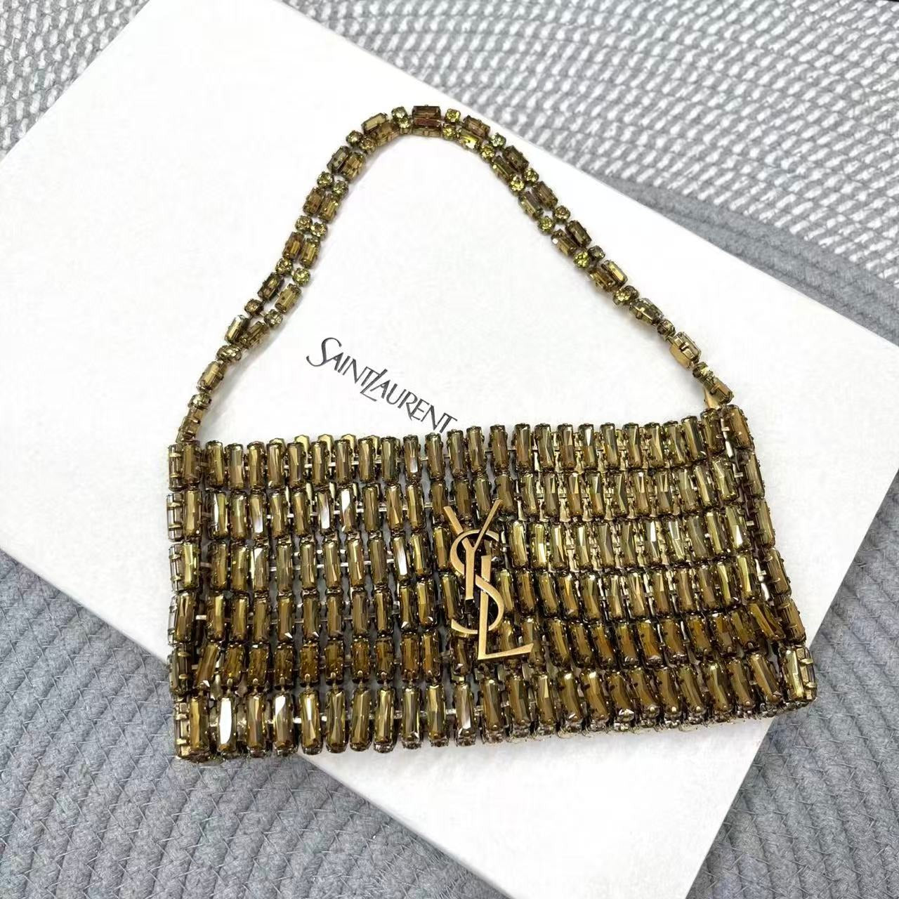 YSL CRYSTALS BAG 18 IN GOLD CRYSTAL AND EMBELLISHED CHAIN HANDLES