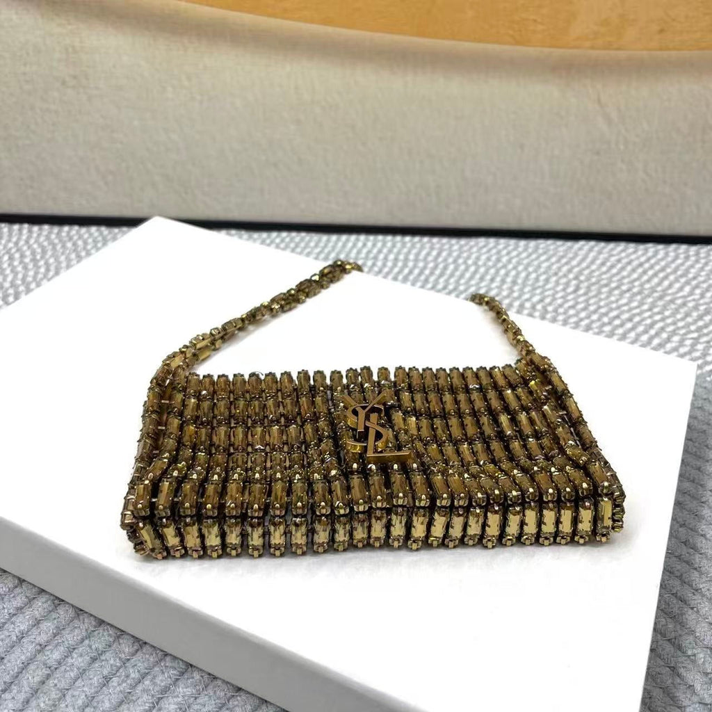 YSL CRYSTALS BAG 18 IN GOLD CRYSTAL AND EMBELLISHED CHAIN HANDLES