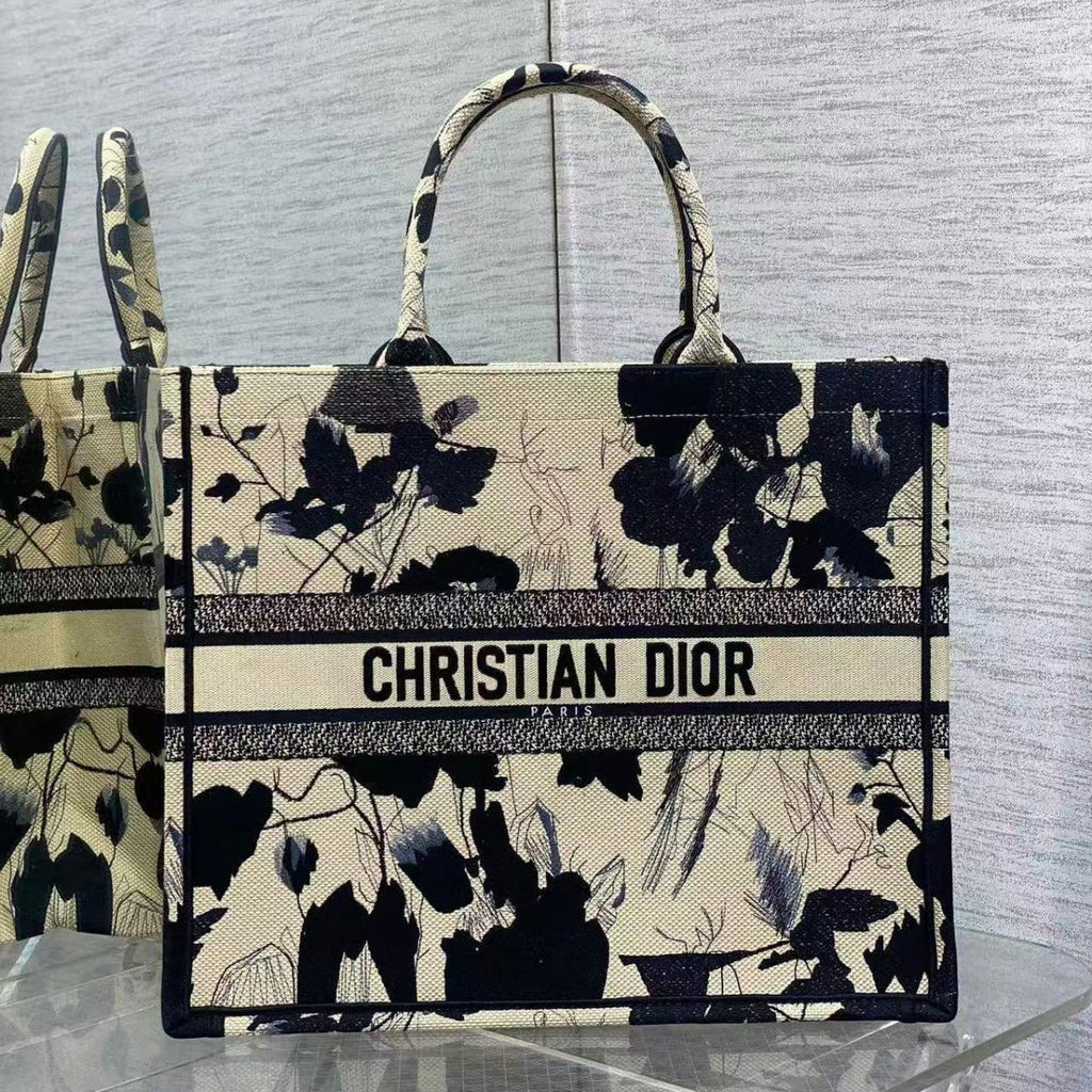 DIOR MEDIUM BOOK TOTE BAG IN BEIGE FLORAL MOTIF EMBROIDERY CANVAS