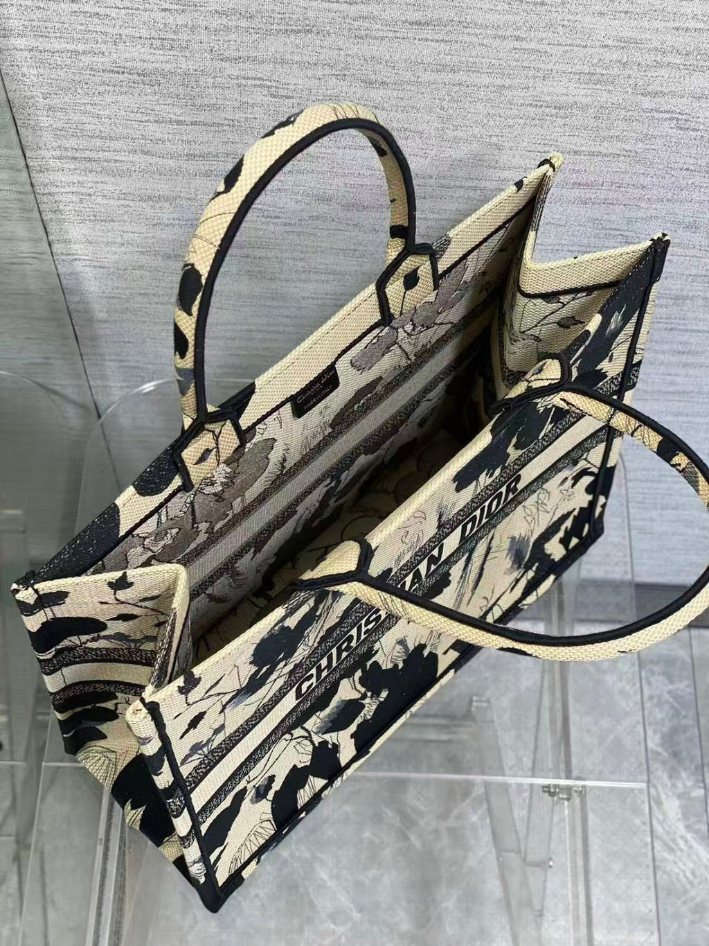 DIOR MEDIUM BOOK TOTE BAG IN BEIGE FLORAL MOTIF EMBROIDERY CANVAS