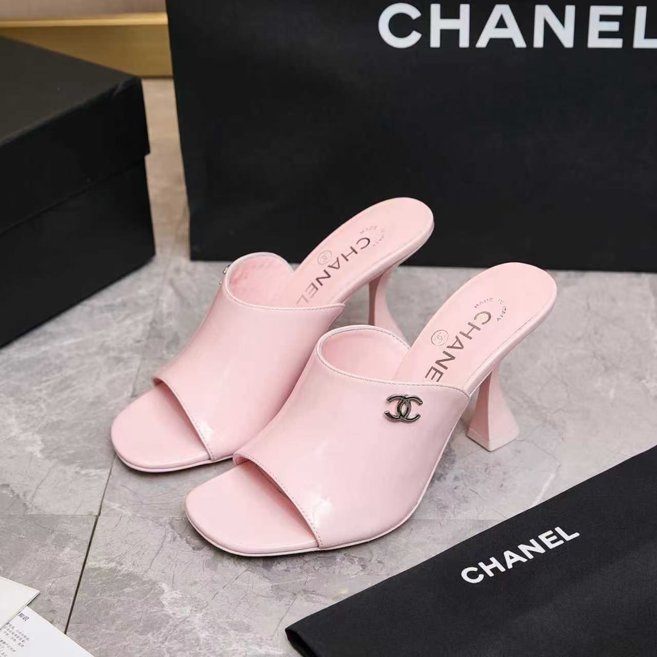 CHANEL HIGH MULES IN PINK CALFSKIN