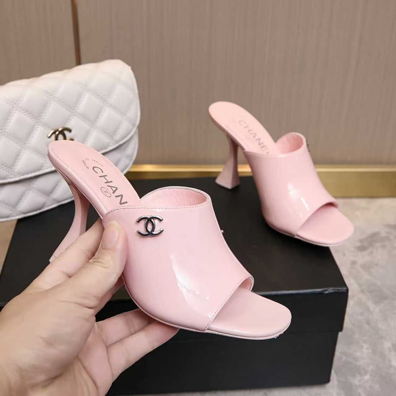 CHANEL HIGH MULES IN PINK CALFSKIN