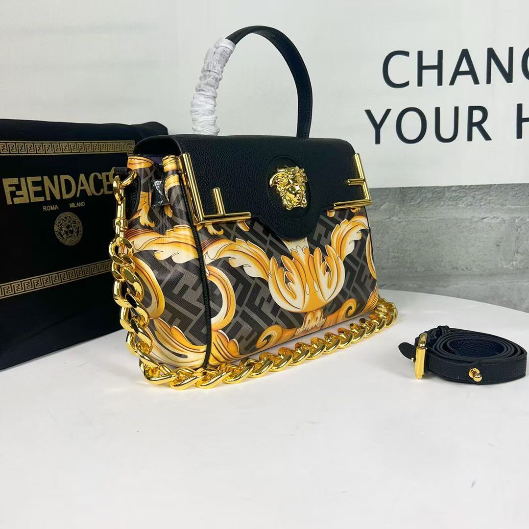 VERSACE X FENDI MEDIUM TOP HANDLE 25 BAG IN BLACK AND YELLOW
