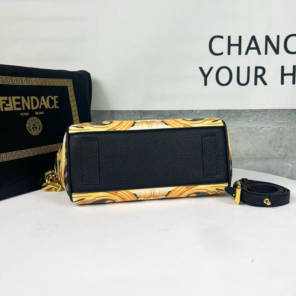 VERSACE X FENDI MEDIUM TOP HANDLE 25 BAG IN BLACK AND YELLOW