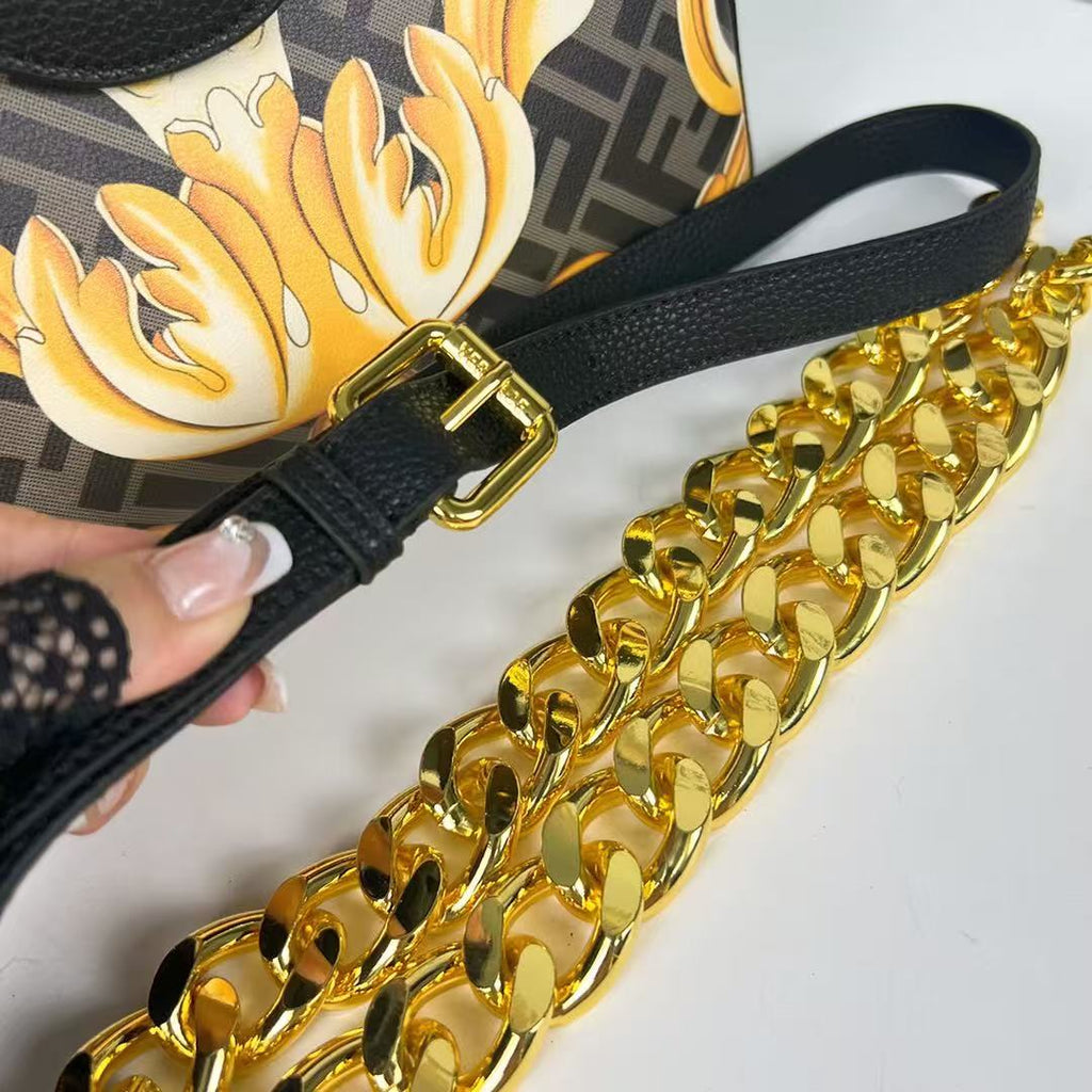VERSACE X FENDI MEDIUM TOP HANDLE 25 BAG IN BLACK AND YELLOW