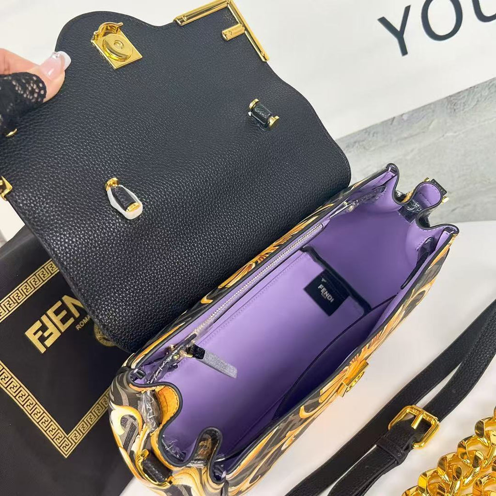 VERSACE X FENDI MEDIUM TOP HANDLE 25 BAG IN BLACK AND YELLOW