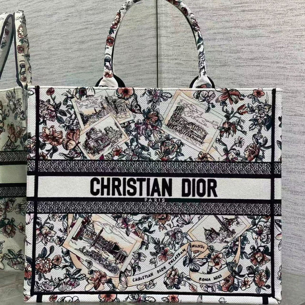DIOR SOUVENIR DE ROME BOOK TOTE BAG IN FLORAL EMBROIDERY