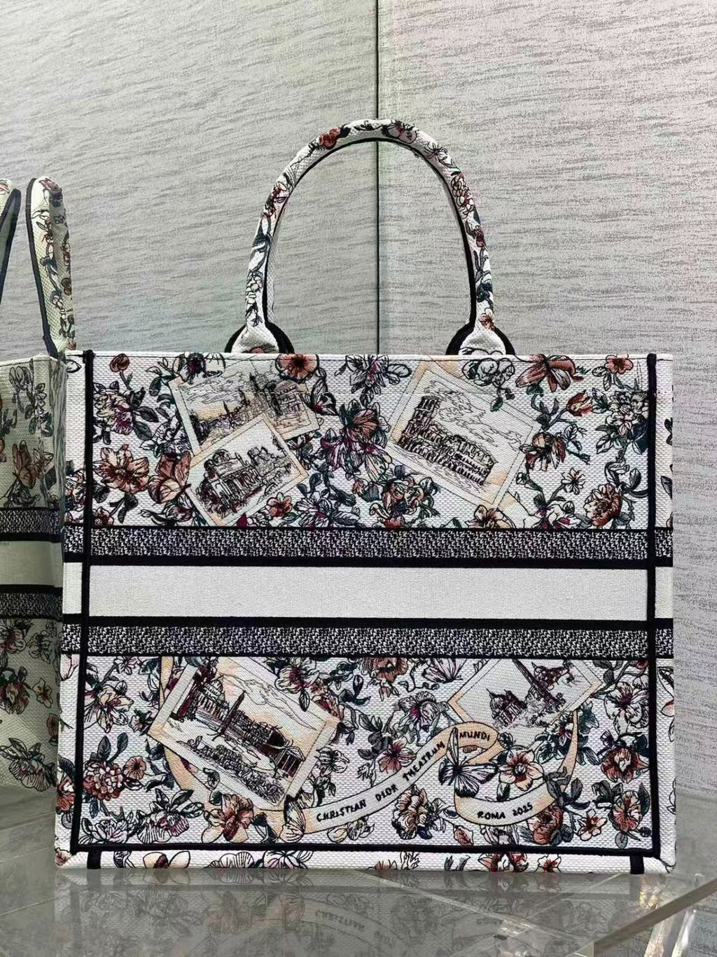 DIOR SOUVENIR DE ROME BOOK TOTE BAG IN FLORAL EMBROIDERY