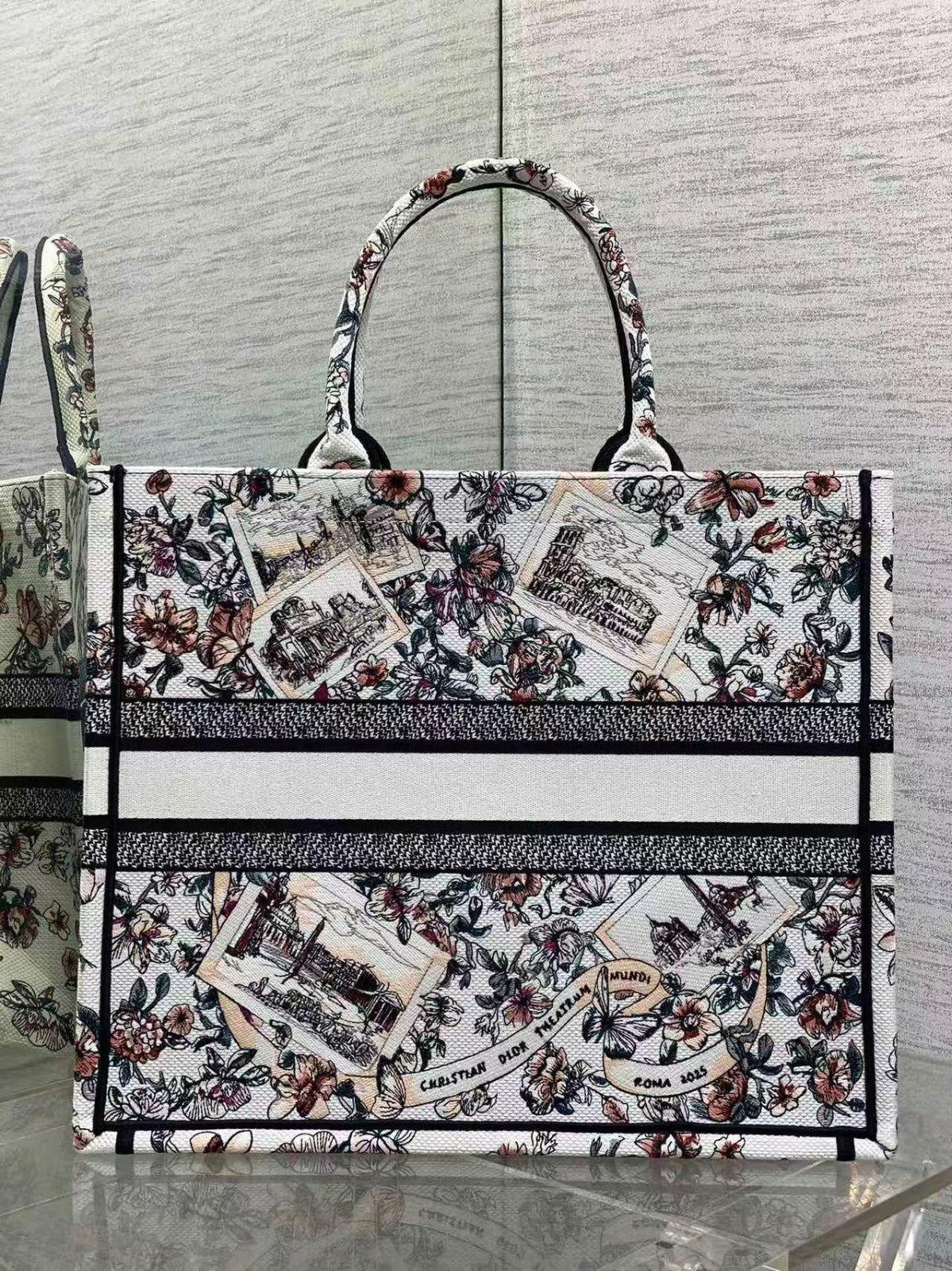 DIOR SOUVENIR DE ROME BOOK TOTE BAG IN FLORAL EMBROIDERY