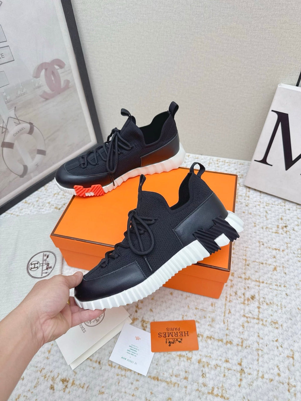 HM BOUNCING SNEAKERS IN BLACK & WHITE MESH MIX CALFSKIN