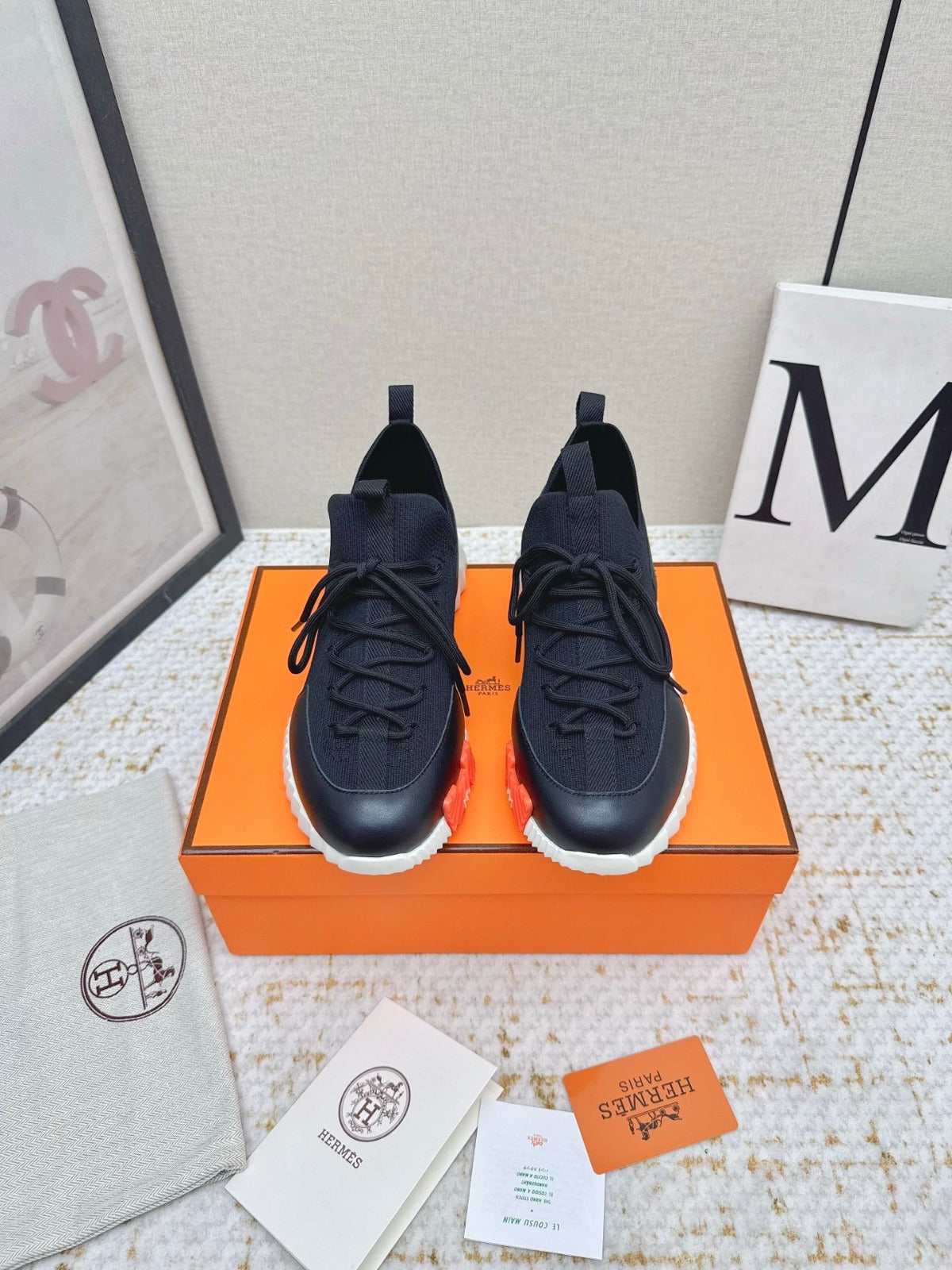 HM BOUNCING SNEAKERS IN BLACK & WHITE MESH MIX CALFSKIN