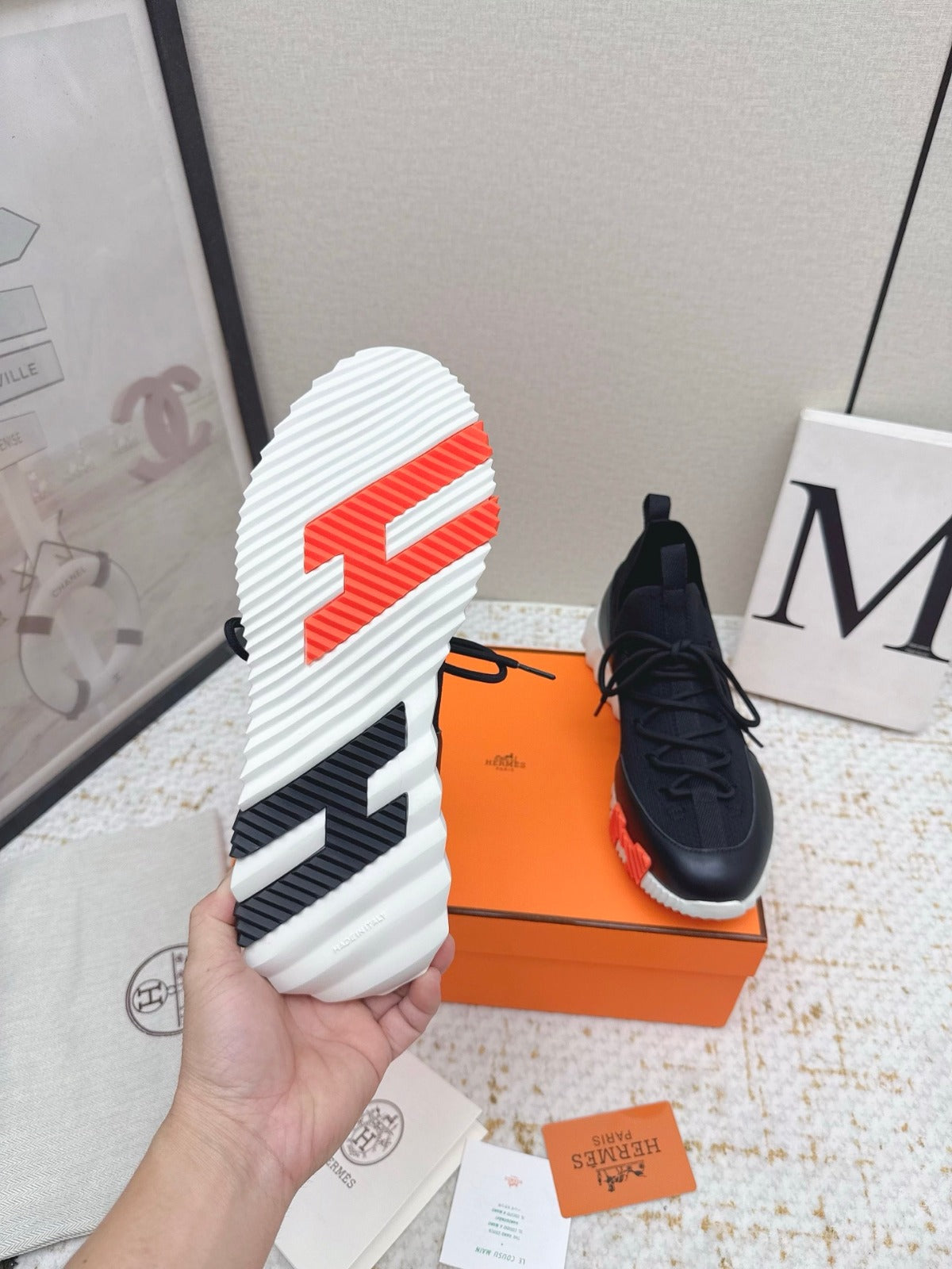 HM BOUNCING SNEAKERS IN BLACK & WHITE MESH MIX CALFSKIN