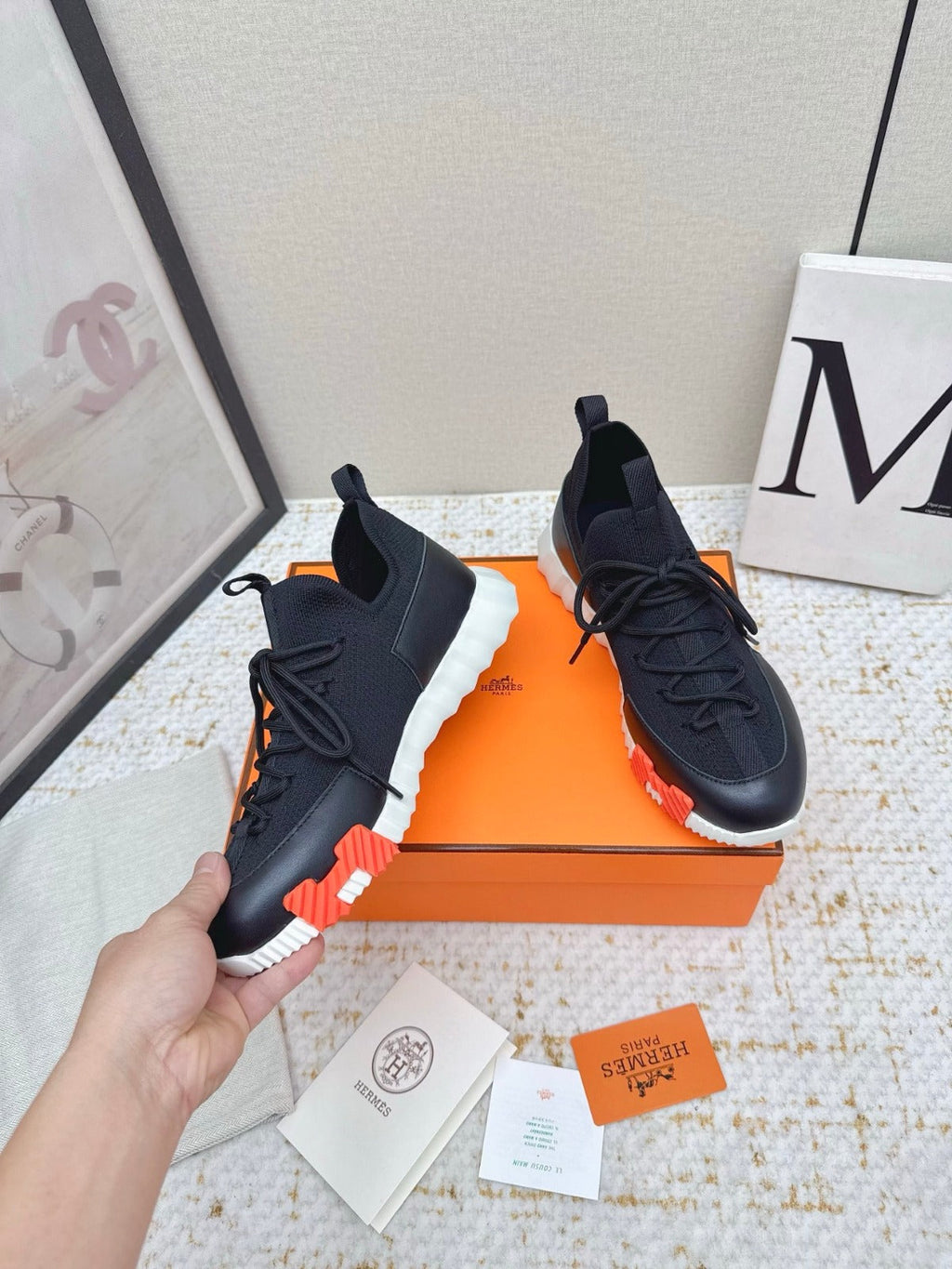 HM BOUNCING SNEAKERS IN BLACK & WHITE MESH MIX CALFSKIN
