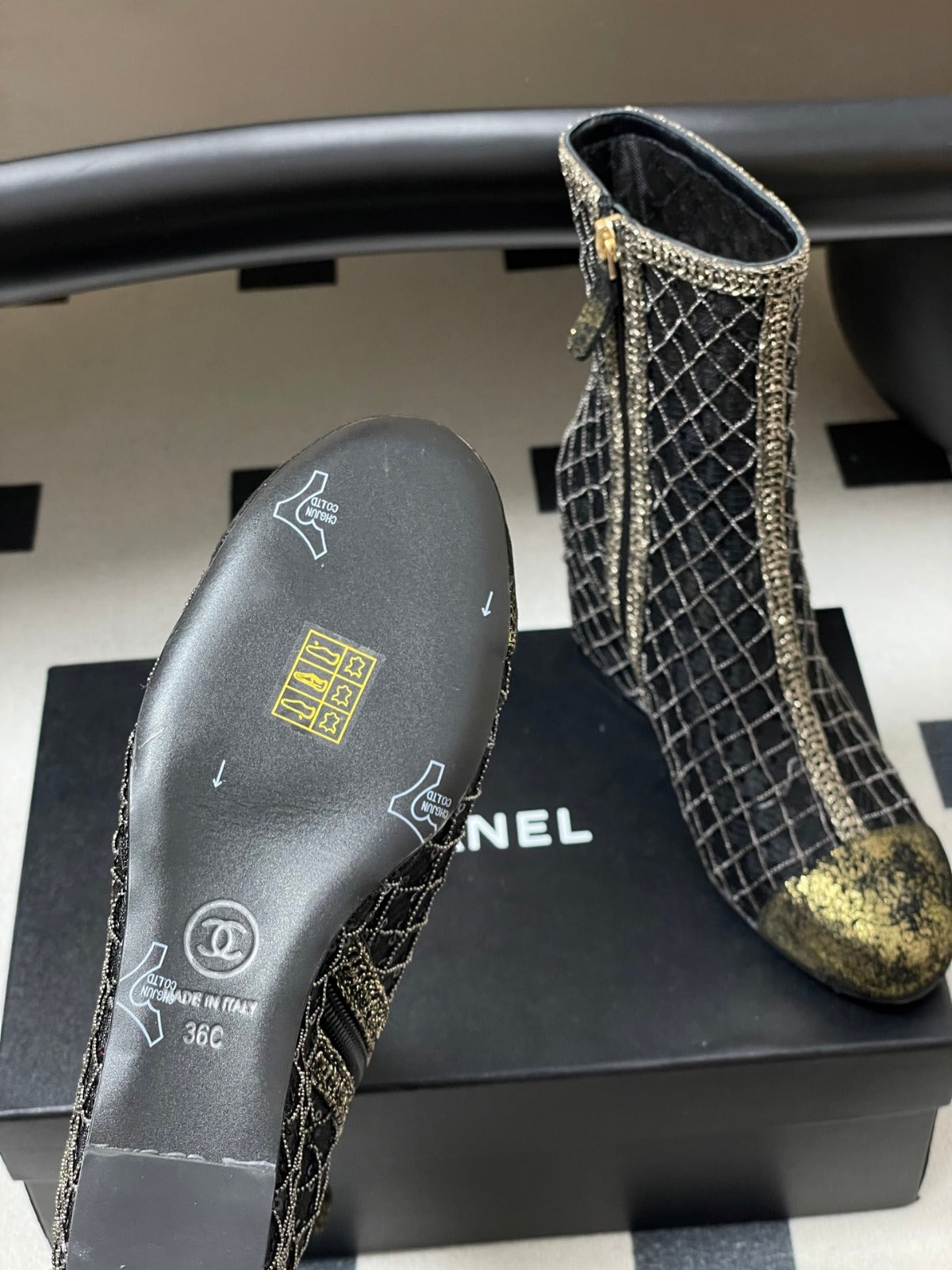 CHANEL METALLIC ANKLE BOOTS IN BLACK CHECKERED MESH
