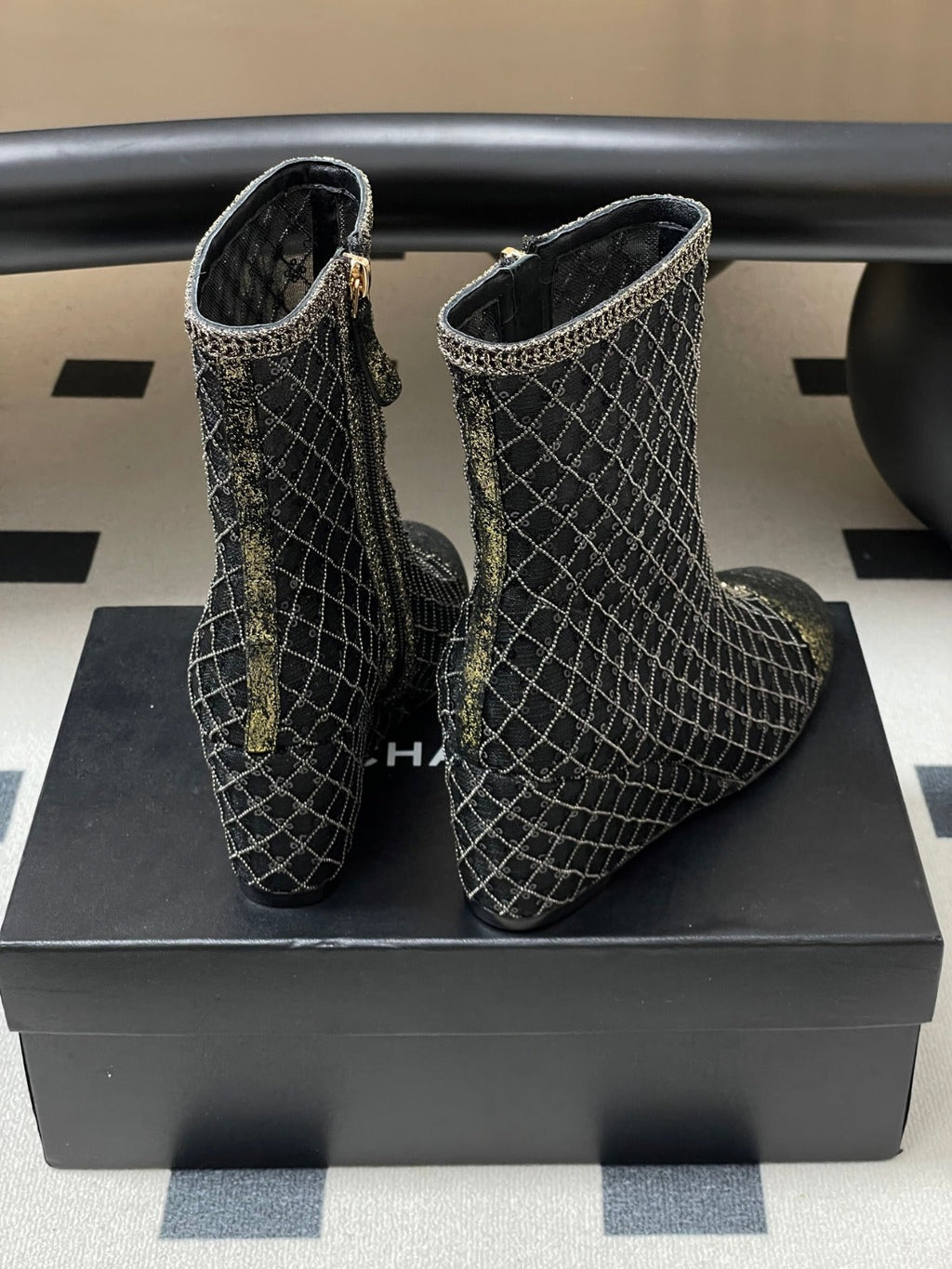 CHANEL METALLIC ANKLE BOOTS IN BLACK CHECKERED MESH