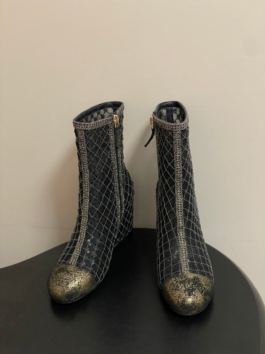 CHANEL METALLIC ANKLE BOOTS IN BLACK CHECKERED MESH