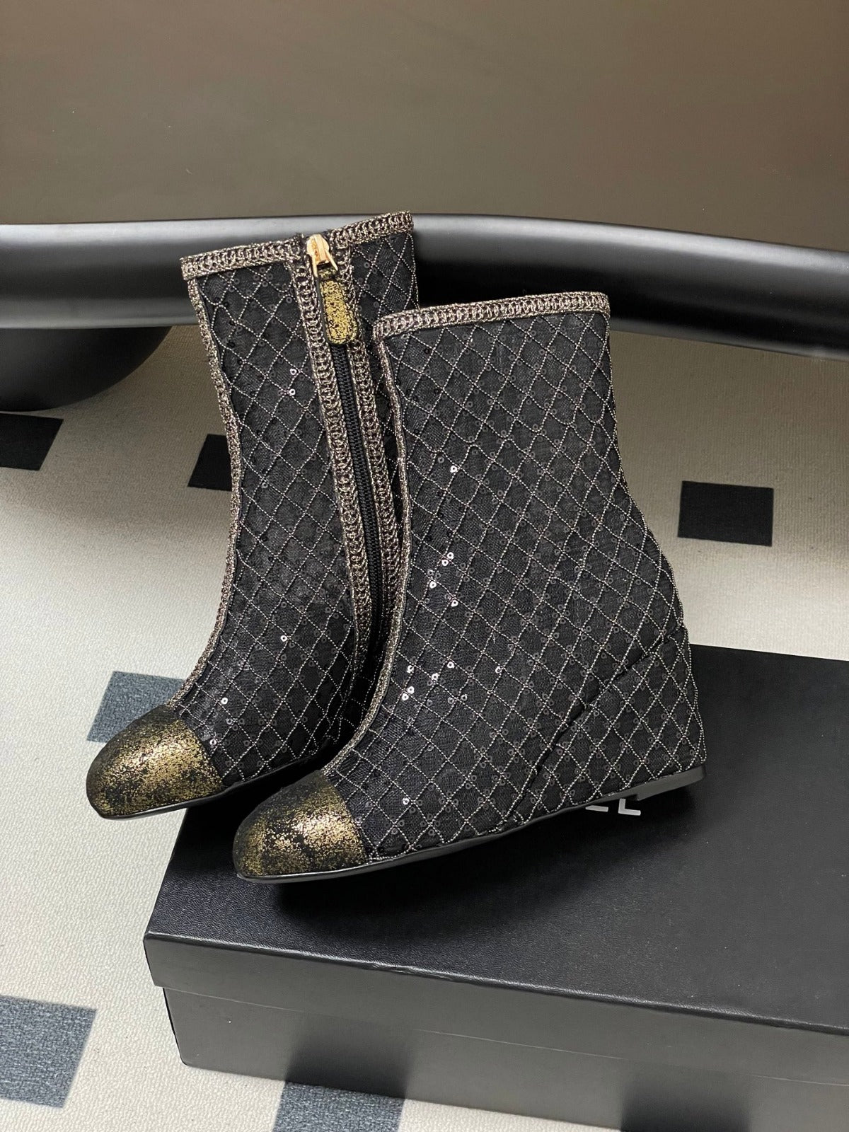 CHANEL METALLIC ANKLE BOOTS IN BLACK CHECKERED MESH