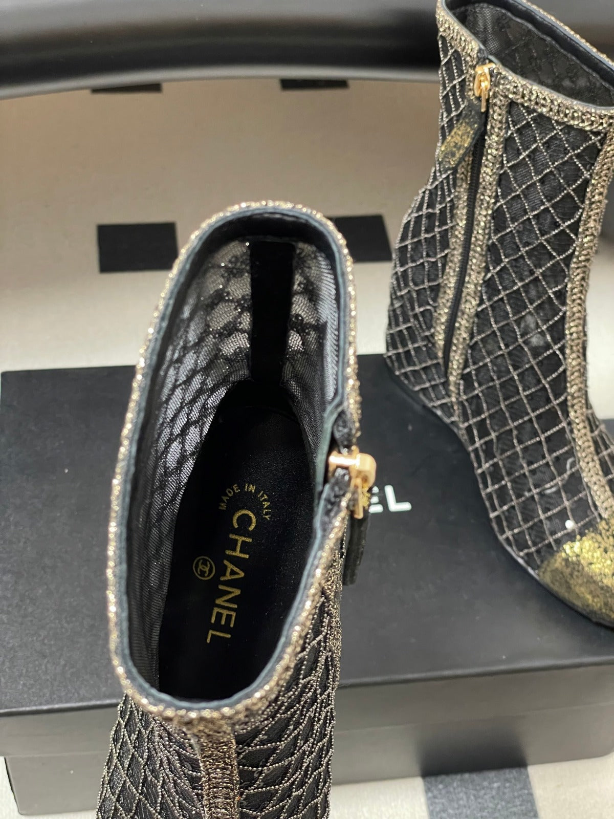CHANEL METALLIC ANKLE BOOTS IN BLACK CHECKERED MESH