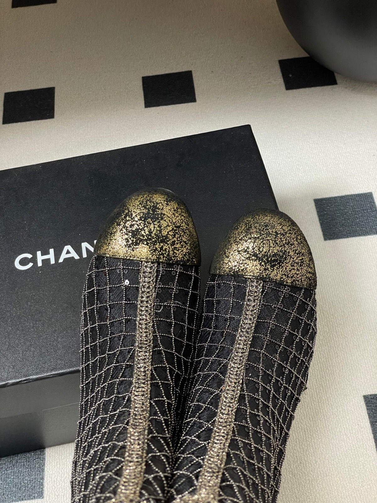 CHANEL METALLIC ANKLE BOOTS IN BLACK CHECKERED MESH