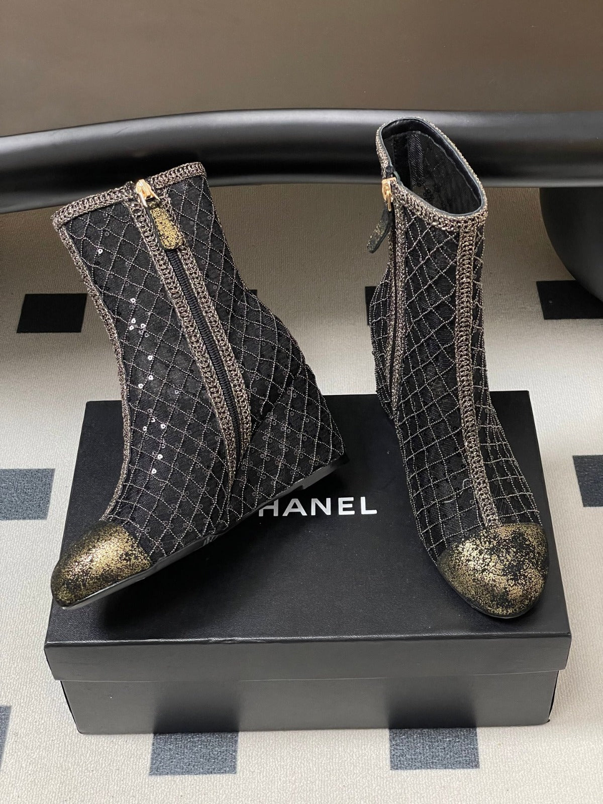 CHANEL METALLIC ANKLE BOOTS IN BLACK CHECKERED MESH