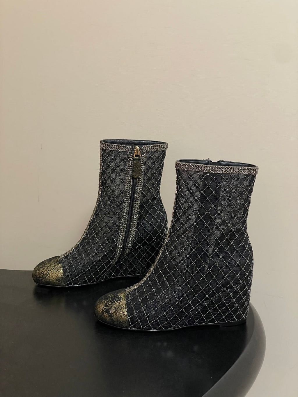 CHANEL METALLIC ANKLE BOOTS IN BLACK CHECKERED MESH