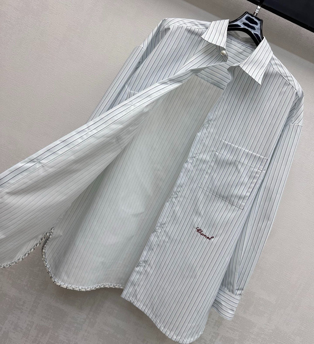 CHANEL STRIPED EMBROIDERED LOGO SHIRT WITH VERTICAL STRIPES