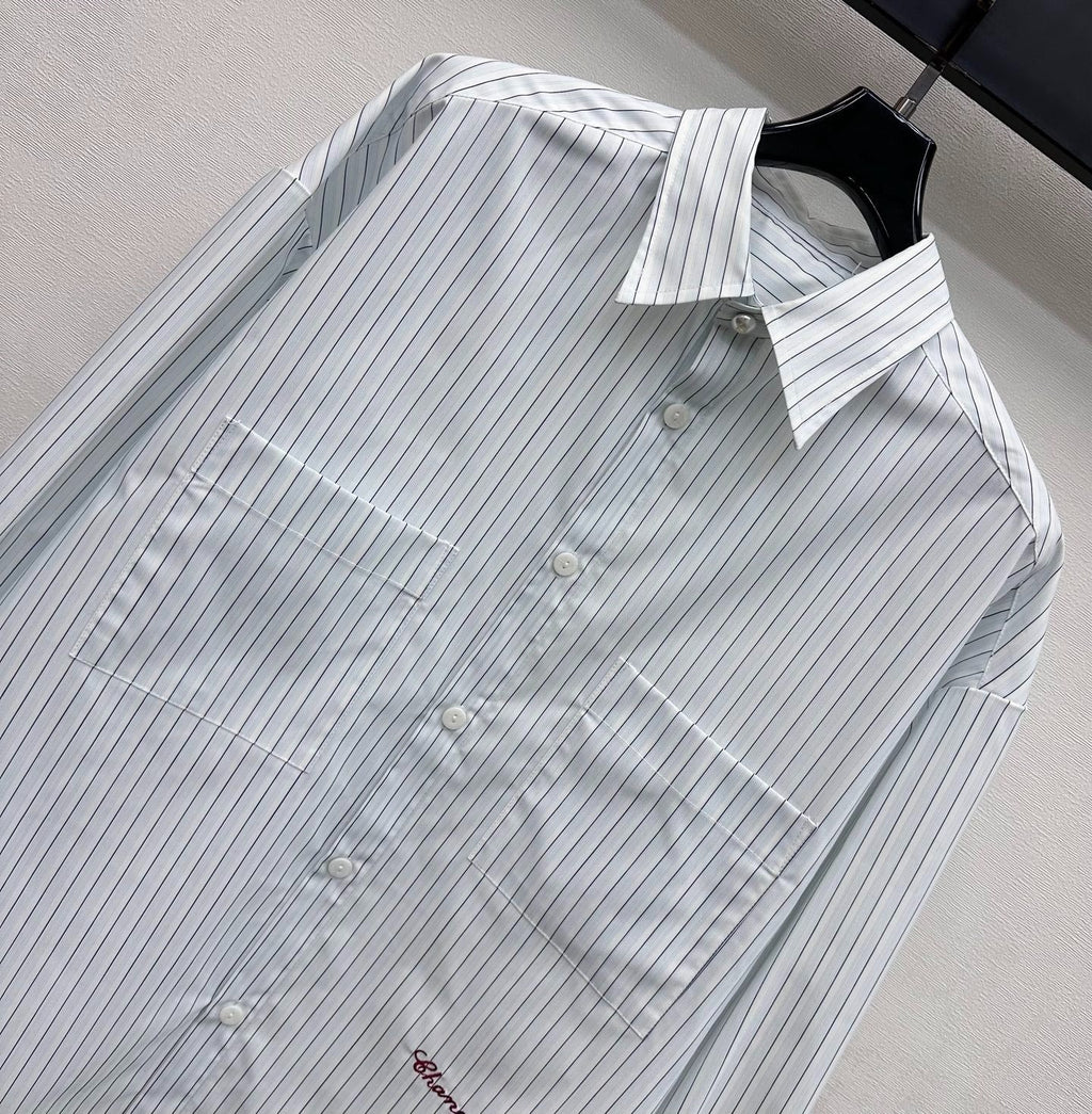 CHANEL STRIPED EMBROIDERED LOGO SHIRT WITH VERTICAL STRIPES