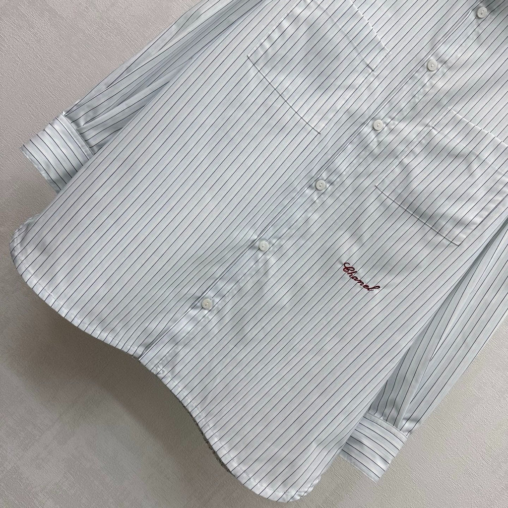 CHANEL STRIPED EMBROIDERED LOGO SHIRT WITH VERTICAL STRIPES