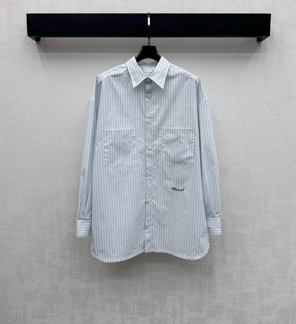 CHANEL STRIPED EMBROIDERED LOGO SHIRT WITH VERTICAL STRIPES