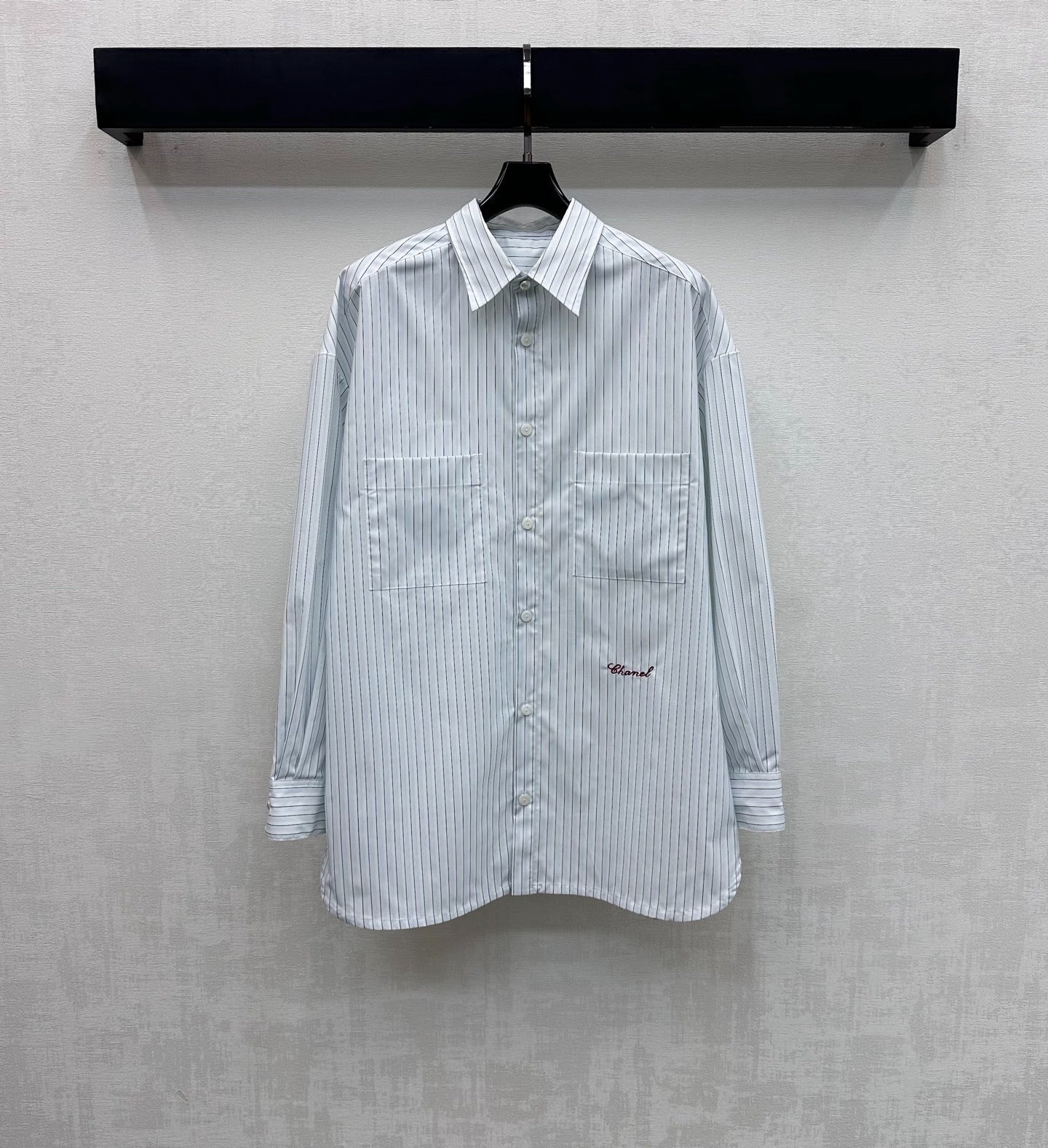 CHANEL STRIPED EMBROIDERED LOGO SHIRT WITH VERTICAL STRIPES