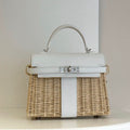 HM KELLY PICNIC HANDBAG IN WHITE LEATHER AND WICKER SILVER HARDWARE