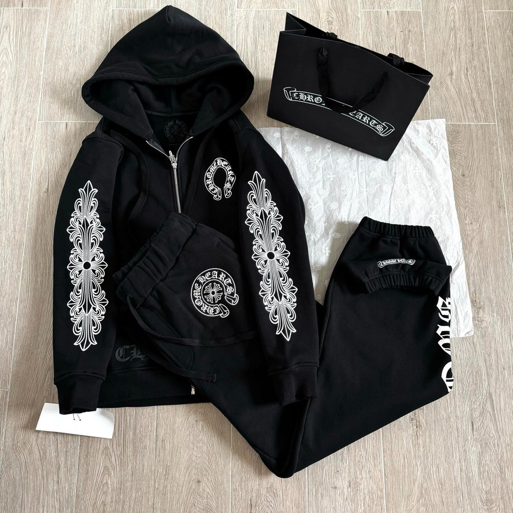 CHROME HEARTS HORSESHOE FLORAL CROSS SET IN BLACK COTTON