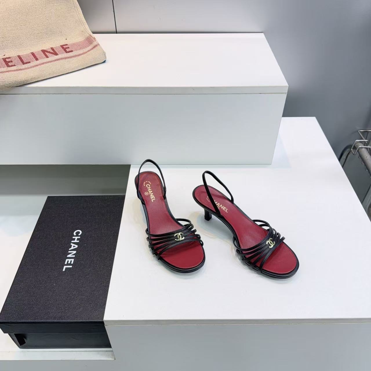 CHANEL 26S SLINGBACK SANDAL IN BLACK & RED LAMBSKIN