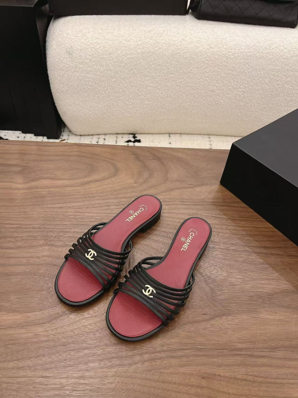 CHANEL 26S SLINGBACK SANDAL IN BLACK & RED LAMBSKIN