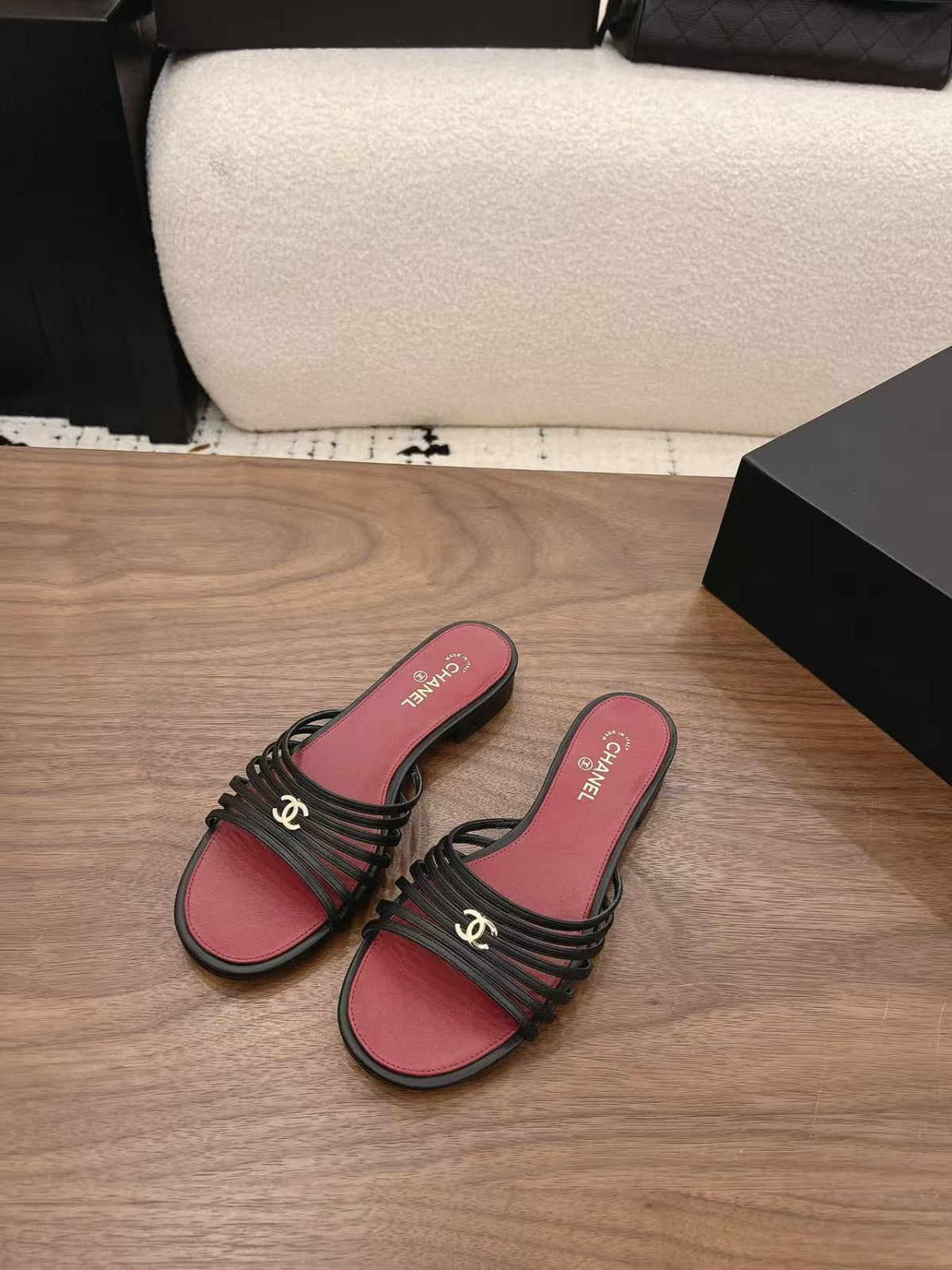 CHANEL 26S SLINGBACK SANDAL IN BLACK & RED LAMBSKIN