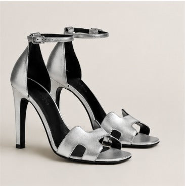 HERMES 26S ANKLE-STRAP HIGH-HEEL SANDAL 100MM IN SILVER METALLIC LEATHER