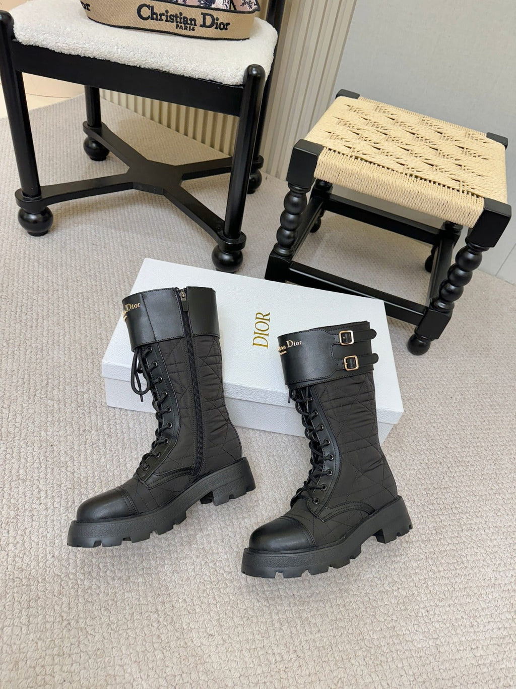 CD BOOTS IN BLACK QUILTED CALFSKIN GOLD HARDWARE