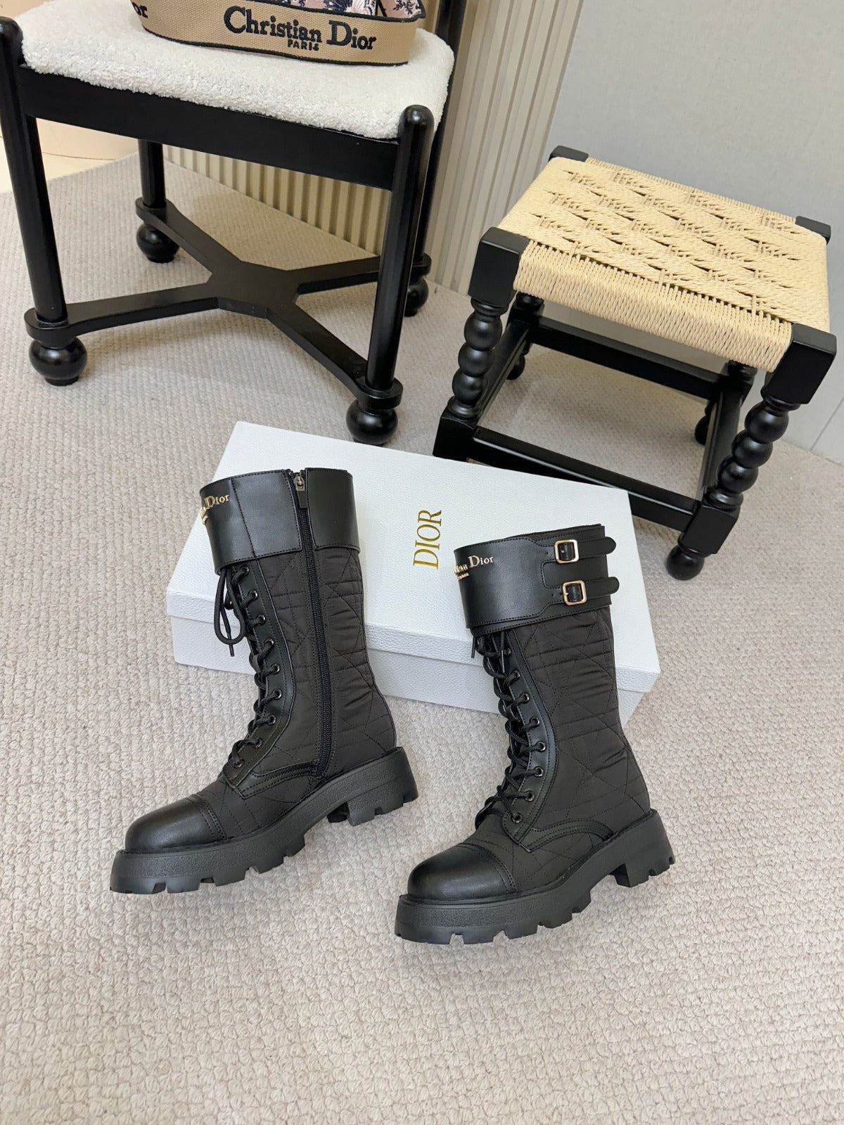 CD BOOTS IN BLACK QUILTED CALFSKIN GOLD HARDWARE