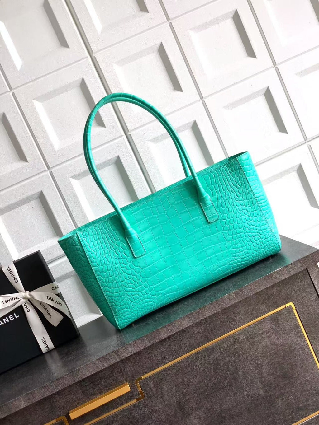 CHANEL SHOPPING BAG 35 IN OPALITE CROCODILE EMBOSSED CALFSKIN GOLD HARDWARE