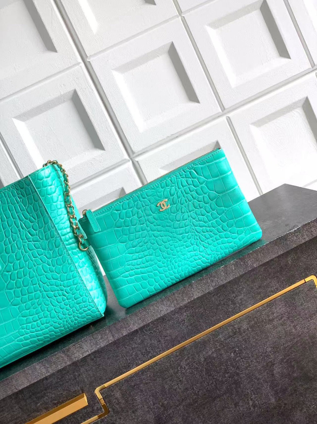 CHANEL SHOPPING BAG 35 IN OPALITE CROCODILE EMBOSSED CALFSKIN GOLD HARDWARE