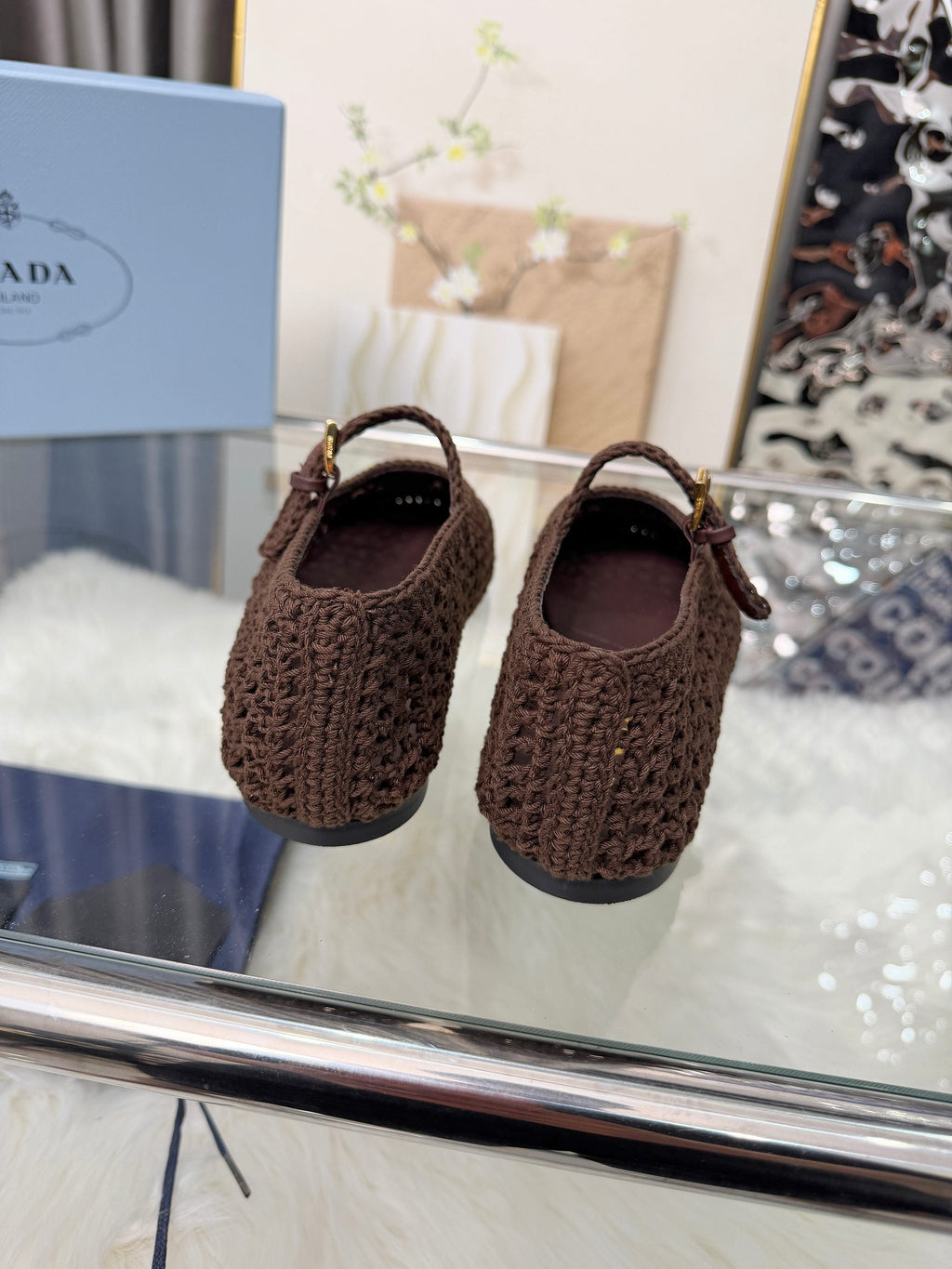 PRADA MARY JANE FLATS IN COCOA BROWN CROCHET