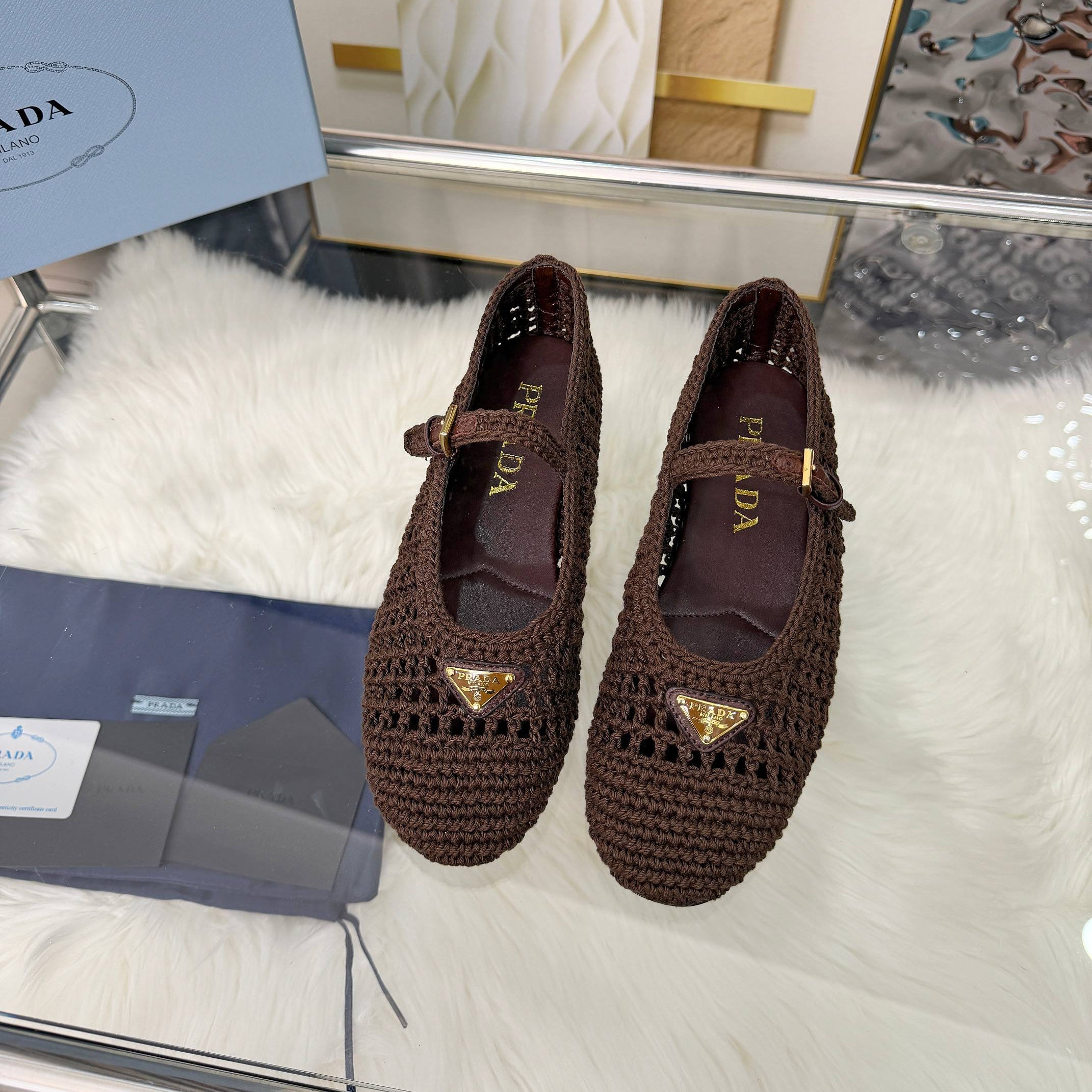 PRADA MARY JANE FLATS IN COCOA BROWN CROCHET
