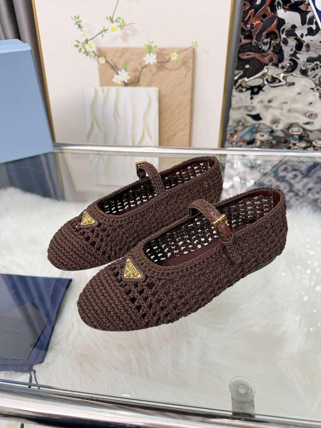 PRADA MARY JANE FLATS IN COCOA BROWN CROCHET