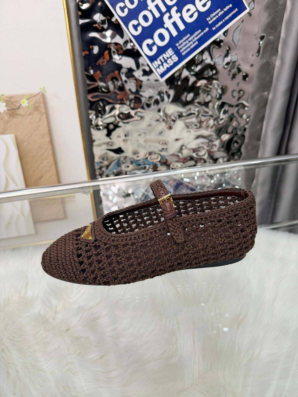 PRADA MARY JANE FLATS IN COCOA BROWN CROCHET