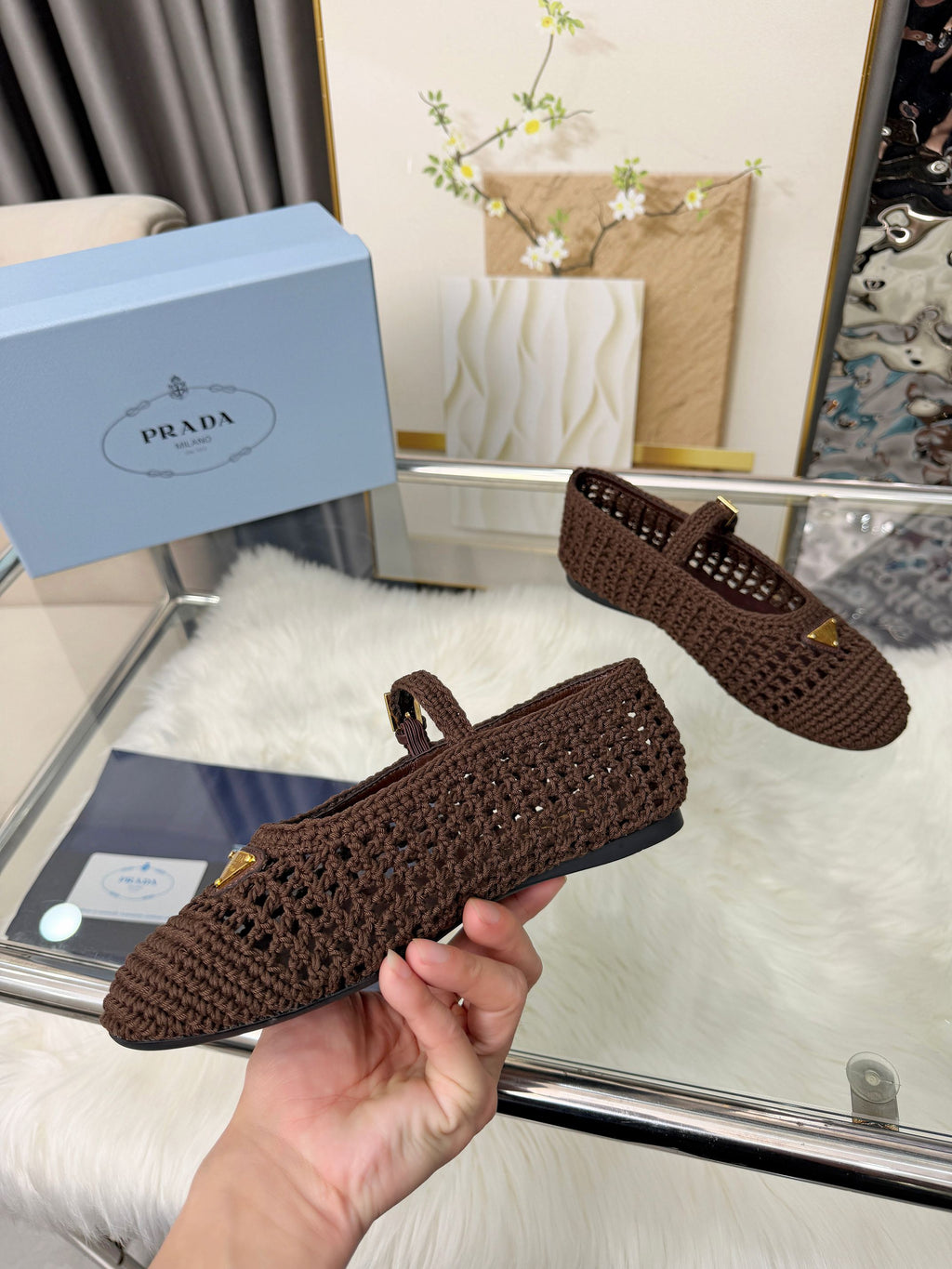 PRADA MARY JANE FLATS IN COCOA BROWN CROCHET