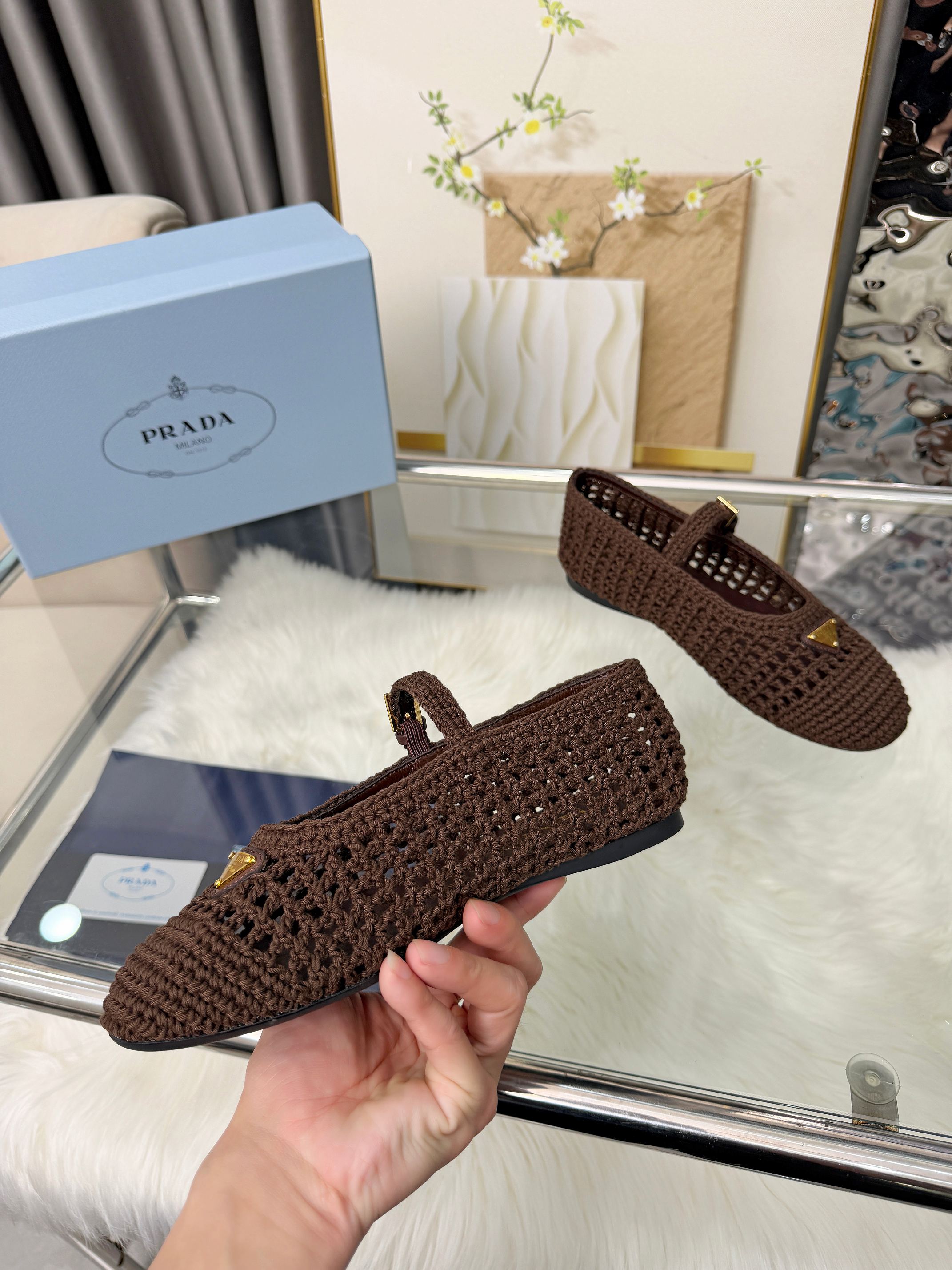 PRADA MARY JANE FLATS IN COCOA BROWN CROCHET